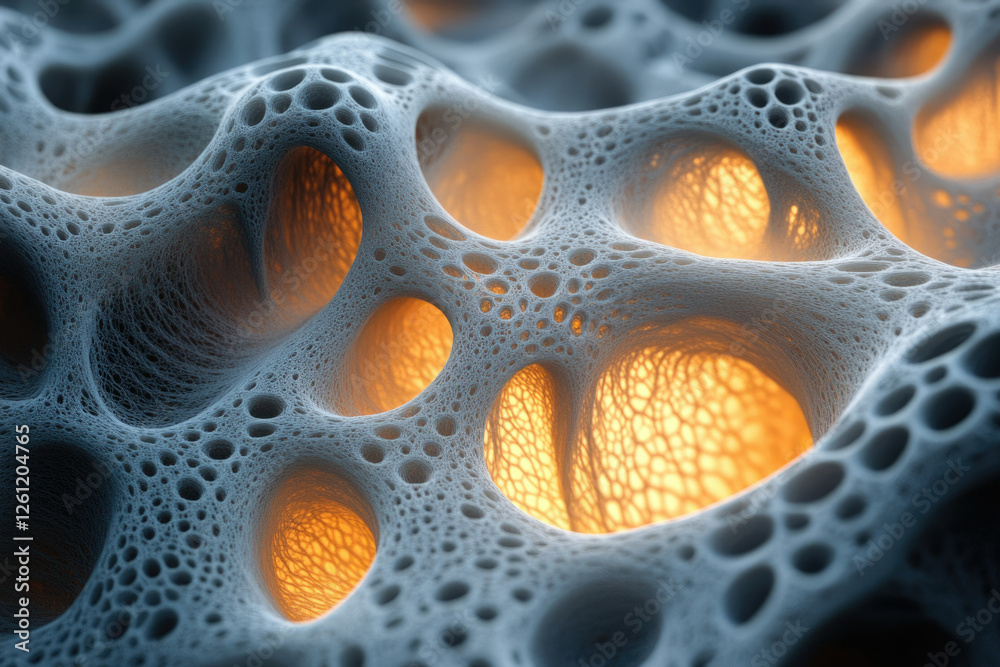 Poster abstract 3d render of a porous, cavernous structure with glowing interiors, resembling a complex net