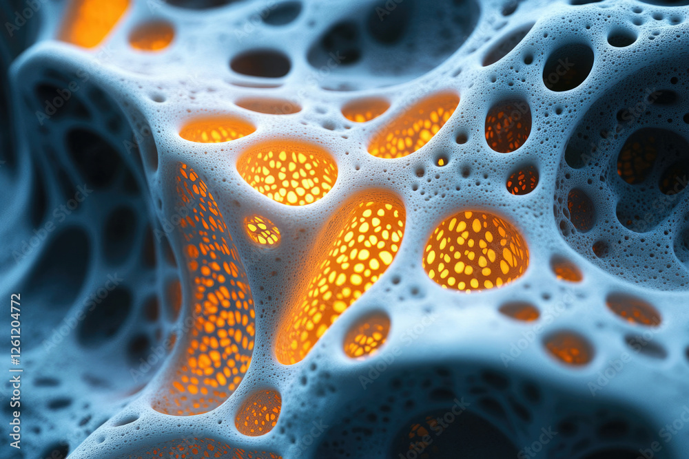 Poster abstract 3d render of a porous, cavernous structure with glowing orange interiors.
