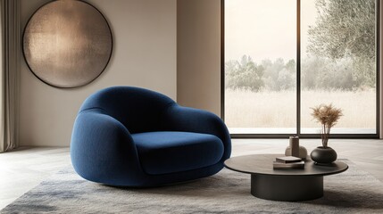 Modern blue armchair in minimalist living room