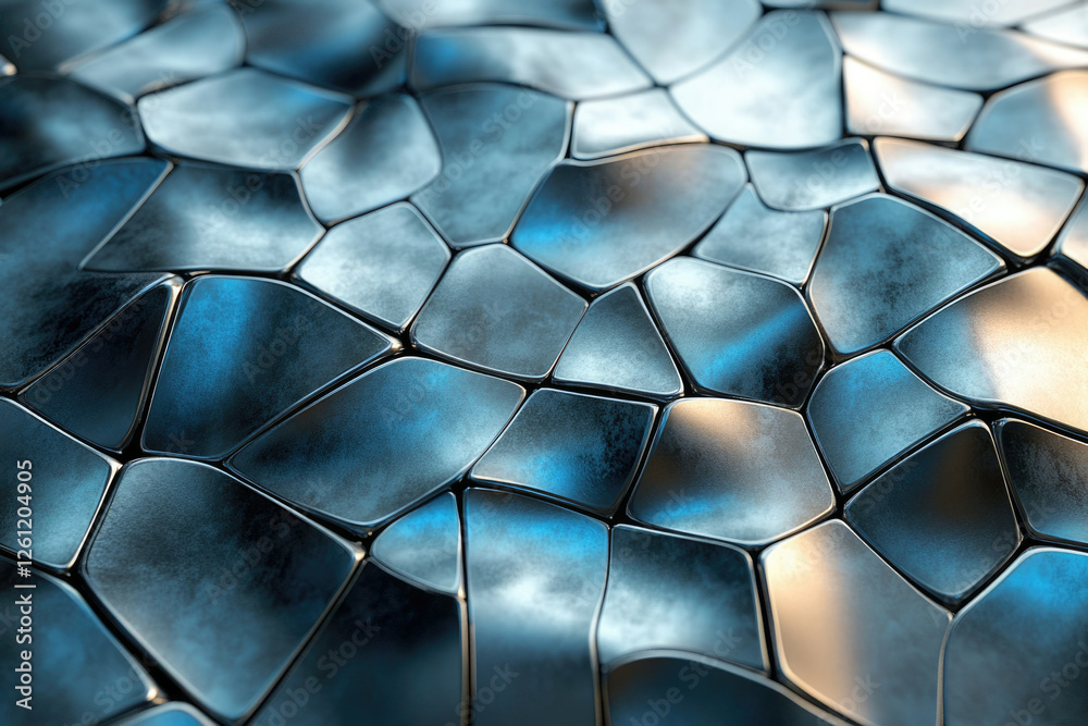 Poster Abstract image of a metallic, undulating surface composed of irregular, polygonal shapes.