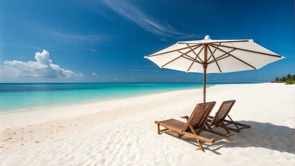 Tropical Beach Paradise White Sand, Azure Ocean, Relaxing Loungers