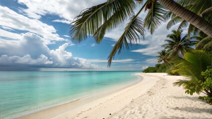 Tropical Paradise Idyllic Beach, Palm Trees, Azure Ocean, White Sand