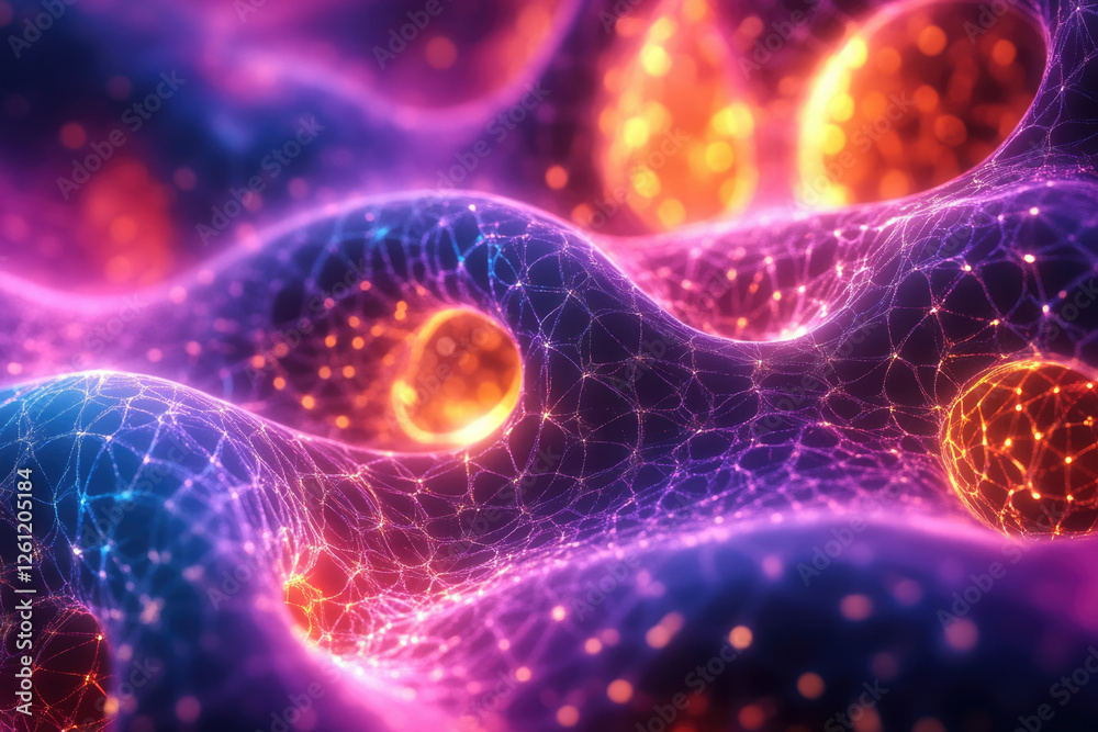 Poster abstract glowing network, vibrant purple and orange hues, interconnected nodes forming a dynamic, fl