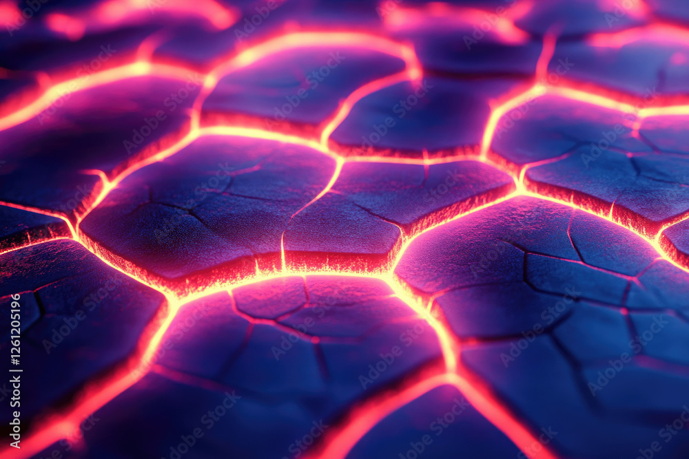 Poster glowing cracks in dark surface, resembling molten lava or magma flowing through a fractured landscap