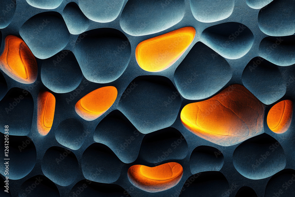 Poster Abstract 3D render of an organic, textured surface with glowing orange shapes embedded in dark-blue cavities.