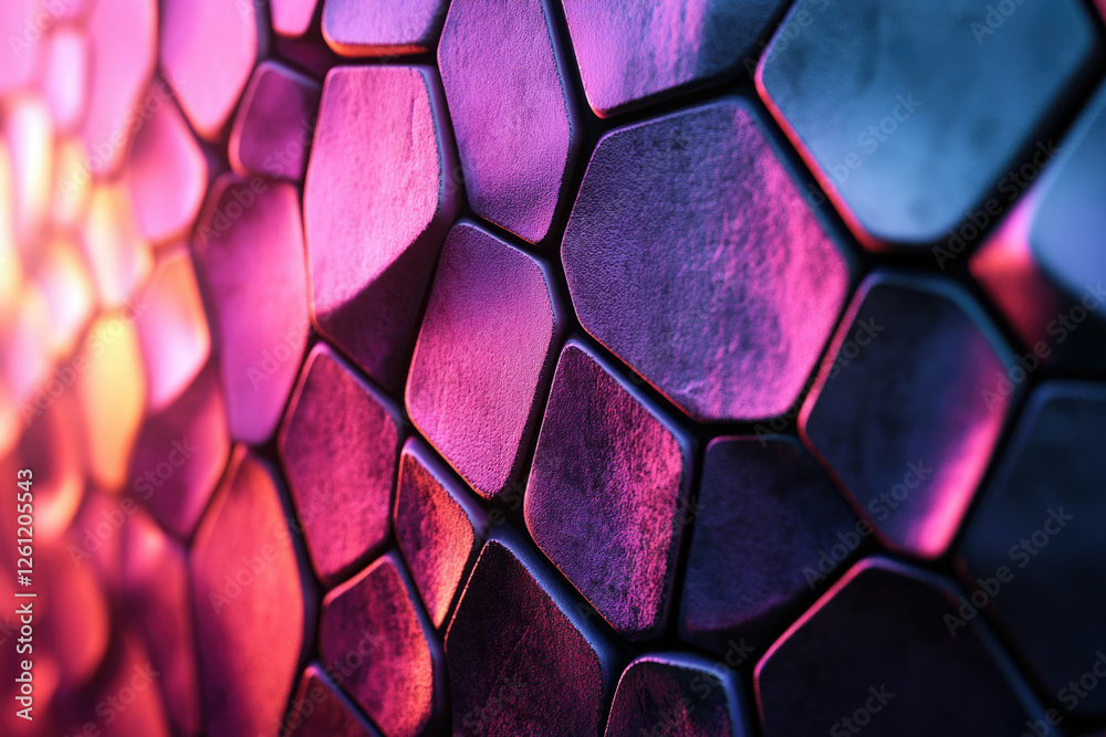 Poster Abstract close-up of a textured metallic surface with hexagonal patterns illuminated by vibrant pink and purple light.
