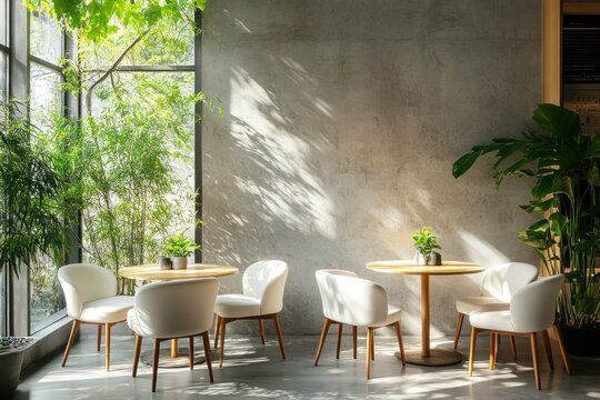 This stylish coffee shop showcases light wooden tables and white chairs, complemented by lush greenery for a relaxing vibe