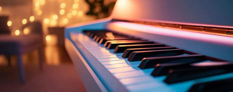 Soft piano keys being played gently in a dimly lit cozy room, peaceful moment