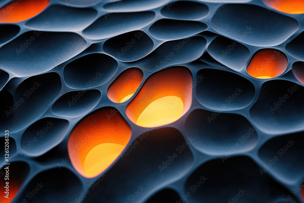 Poster Abstract 3D rendering of a dark, textured surface with glowing orange cavities, resembling a porous material or cellular structure.