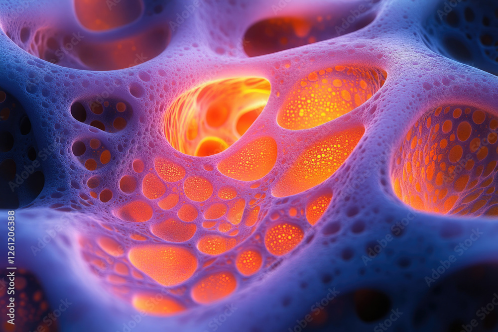 Poster abstract image depicting a porous, cavernous structure with glowing orange interiors, resembling a m