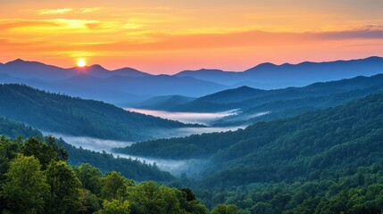 Obraz premium Sunrise over misty Appalachian mountains, scenic vista