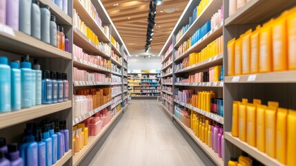 Colorful Array of Hair Care Products in Modern Retail Store Aisle