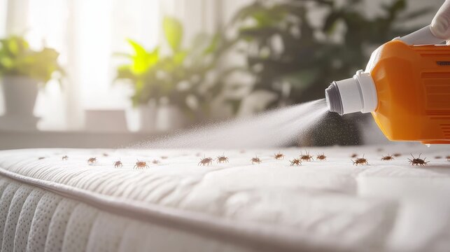 Spraying insecticide on bed bugs, home pest control.
