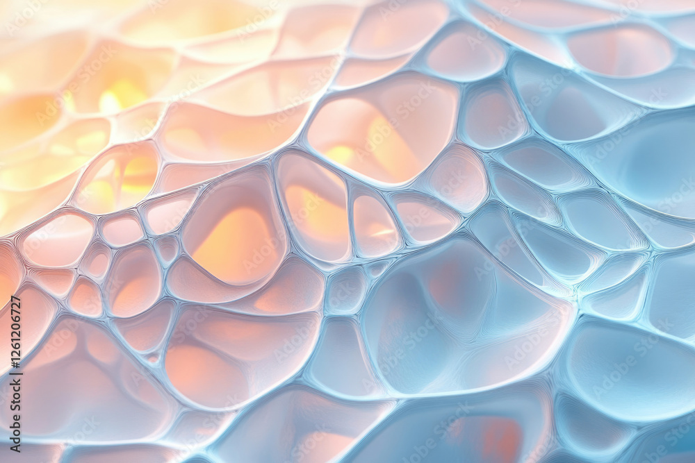 Poster Abstract 3D rendering of a complex, interconnected network of organic shapes with pastel colors.