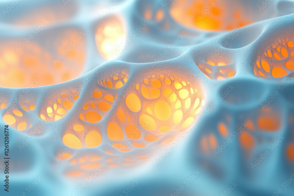 Poster abstract 3d render of a porous, spongy structure with inner orange glow, resembling a microscopic vi
