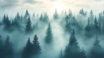 Misty sunrise over a pine forest, aerial view