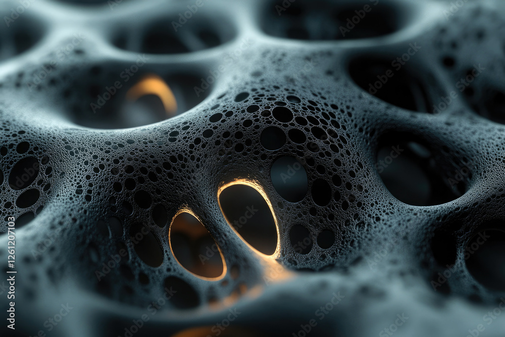 Poster abstract 3d render of a porous, cavernous structure with glowing inner light.
