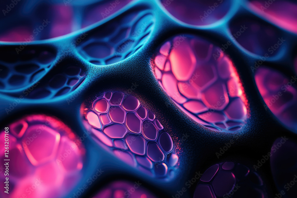 Poster abstract 3d render of a dark, textured surface with glowing pink and blue hexagonal cells.