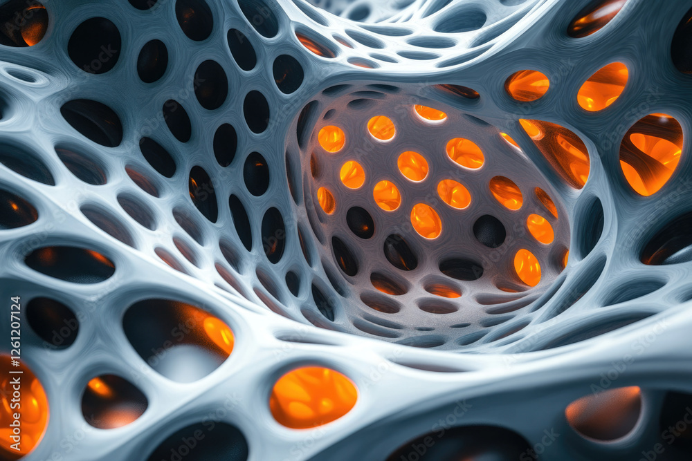 Poster Abstract 3D render of a complex, organic structure with interconnected cavities glowing orange from within.