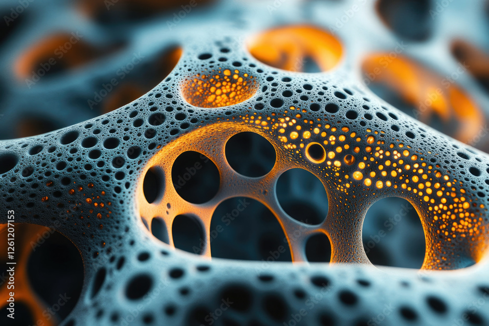 Aufkleber abstract 3d rendering of a porous, cavernous structure with glowing orange interiors.