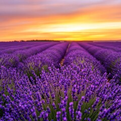 Fototapeta premium Sunset over a lavender field, warm golden hues creating pure relaxation