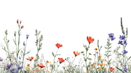 Colorful wildflowers growing on transparent background: vibrant floral border
