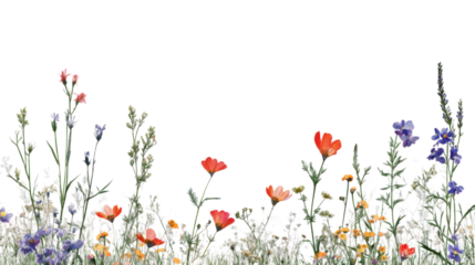 Colorful wildflowers growing on transparent background: vibrant floral border