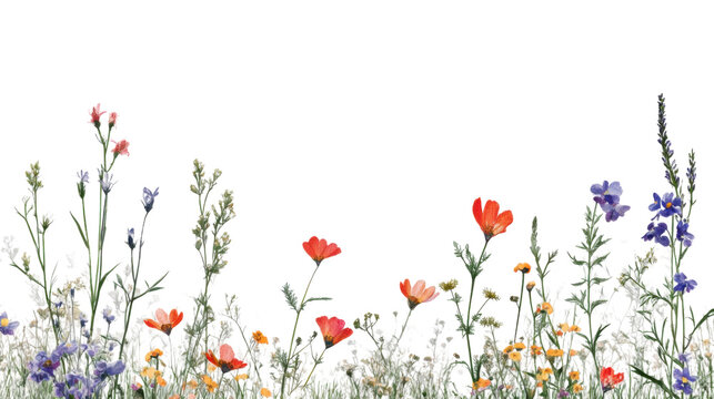 Colorful wildflowers growing on transparent background: vibrant floral border