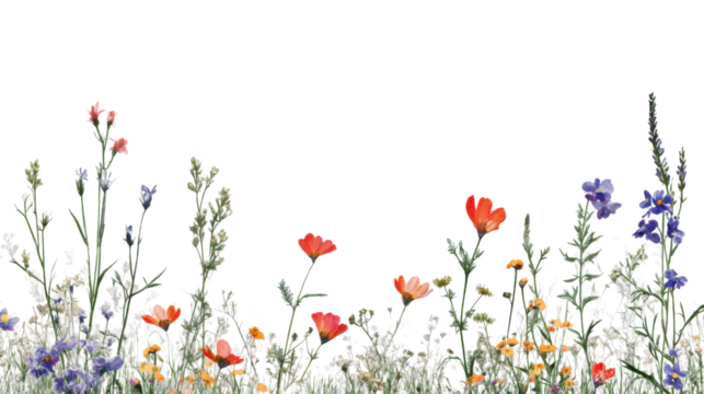 Colorful wildflowers growing on transparent background: vibrant floral border - Powered by Adobe