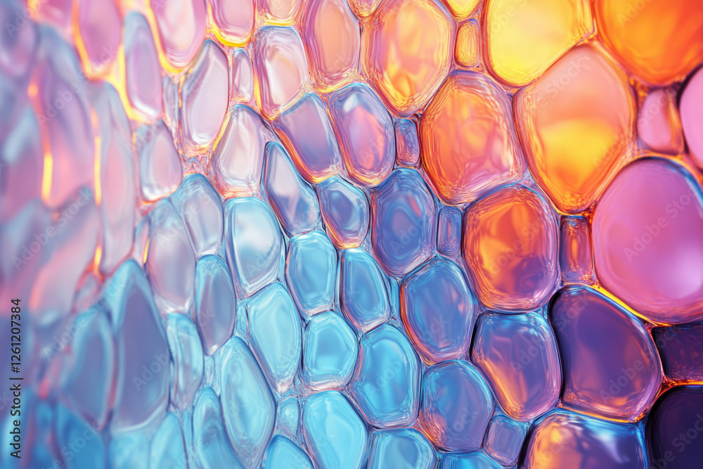 Poster abstract background with iridescent, bubble-like shapes in pastel colors.