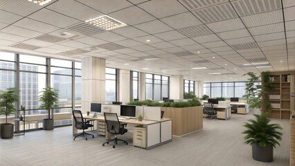 Modern Office Design Open Plan Workspace, Plants, Lighting, and City Views