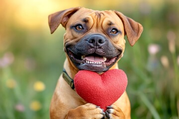 Fototapeta premium Cute boerboel pup with critter toy red heart on a walk in a spring garden. Ad pet animal visual idea. Boerboel - my preferred dog, symbol of friendship. Puppy and loving embrace. Puppy in love.