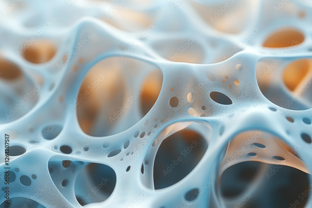 Aufkleber Abstract 3D render of a porous, interconnected network resembling spongy bone structure or a complex cellular system.