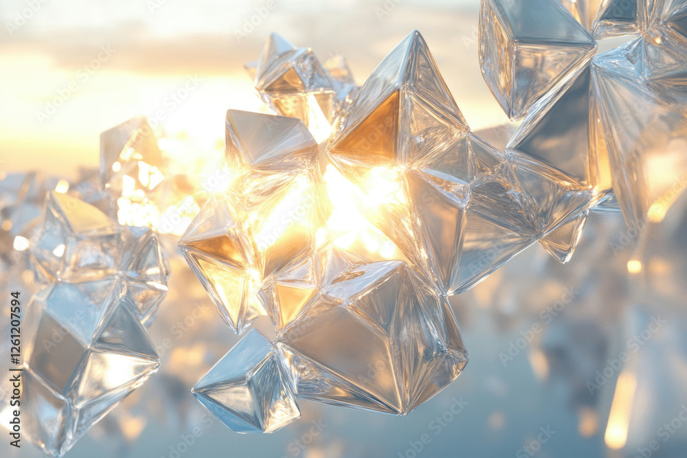Poster A cluster of translucent, geometric crystals illuminated by a warm sunset, creating a mesmerizing scene.