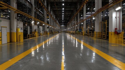 Obraz premium Empty Industrial Warehouse Interior, Long Corridor, Clean
