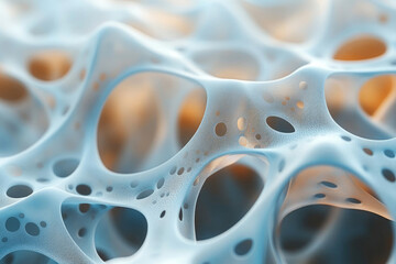 Abstract 3D render of a porous, interconnected network resembling spongy bone structure or a complex cellular system.
