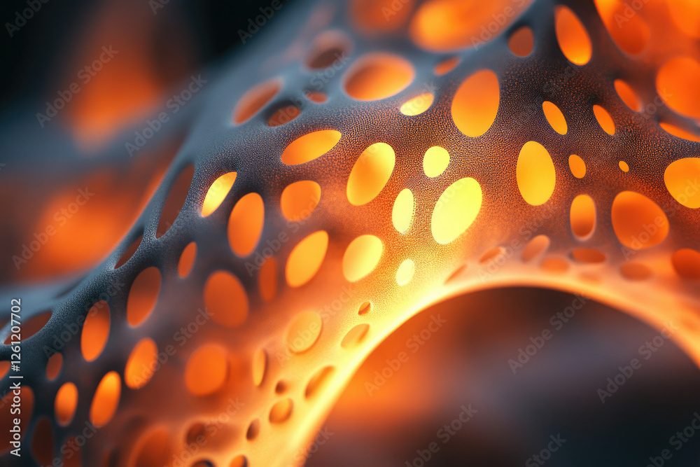 Poster abstract 3d render of a porous, textured surface glowing orange from within.