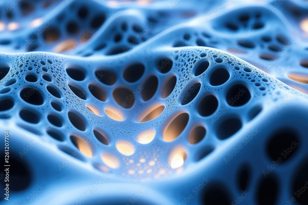 Poster abstract 3d render of a porous, undulating blue surface with glowing interiors, resembling cellular 