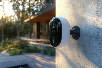 Smart home security camera is securely mounted on a wall, ensuring safety and surveillance in a contemporary outdoor environment during the day
