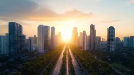 Obraz premium Golden Hour Sunset Over Skyscrapers and Urban Roadway Landscape