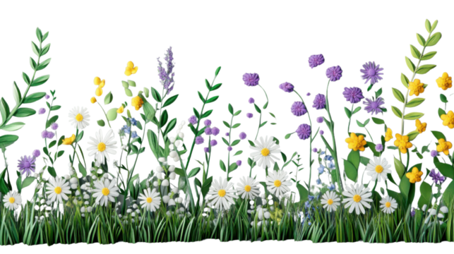 Blooming daisies and lavender growing in green grass with transparent background