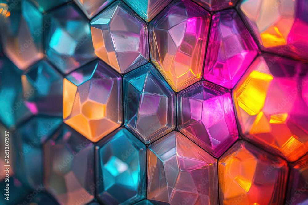 Aufkleber Close-up view of vibrant, multicolored hexagonal geometric shapes creating a dazzling pattern.