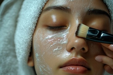 A woman relaxes as a facial treatment is applied to her face with a brush, enhancing her skincare routine in a tranquil spa environment