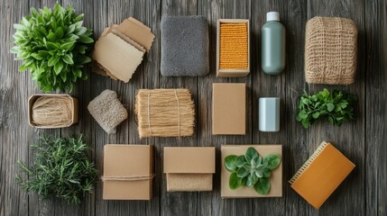 Eco-friendly cleaning supplies on wood background