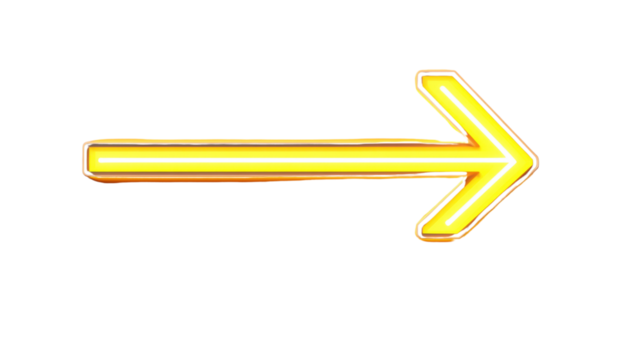 Yellow neon arrow pointing right on transparent background