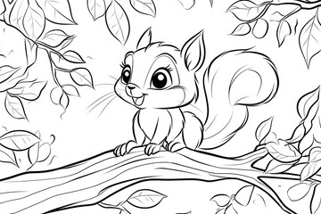 Fototapeta premium A charming baby squirrel with oversized eyes is perched on a tree branch amidst lush leaves, inviting creative coloring fun for kids
