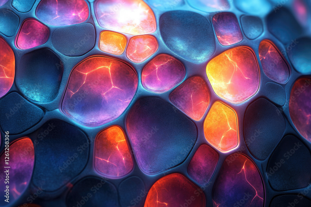 Poster abstract 3d render of glowing, interconnected organic shapes with vibrant colors and textures.