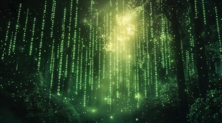 Ethereal forest illuminated with green binary code cascading like rain, creating a digital matrix atmosphere that evokes a sense of mystery