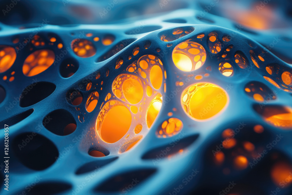 Poster Abstract 3D render of a porous, undulating surface with glowing orange interiors, resembling a cellular structure or futuristic material.
