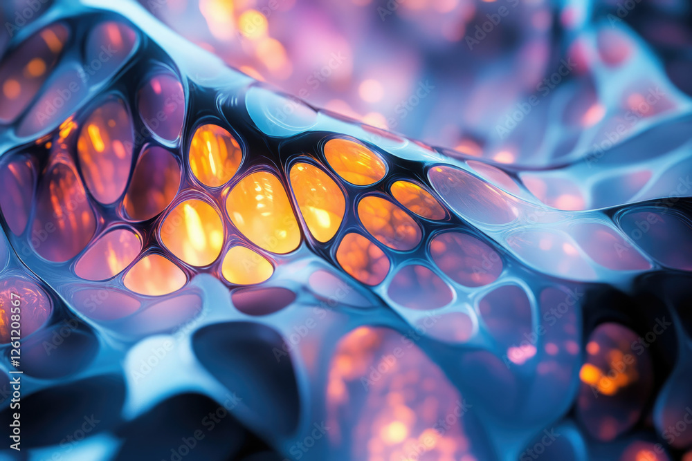 Poster abstract digital art depicting a flowing, interconnected network of glowing, translucent cells.